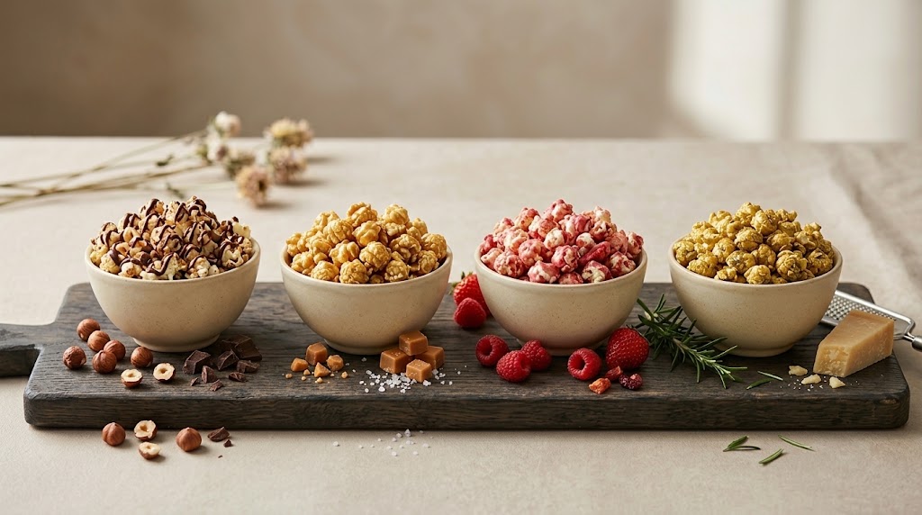 Cuatro cuencos de palomitas gourmet — chocolate, caramelo, frutos rojos y hierbas — con sus ingredientes al frente